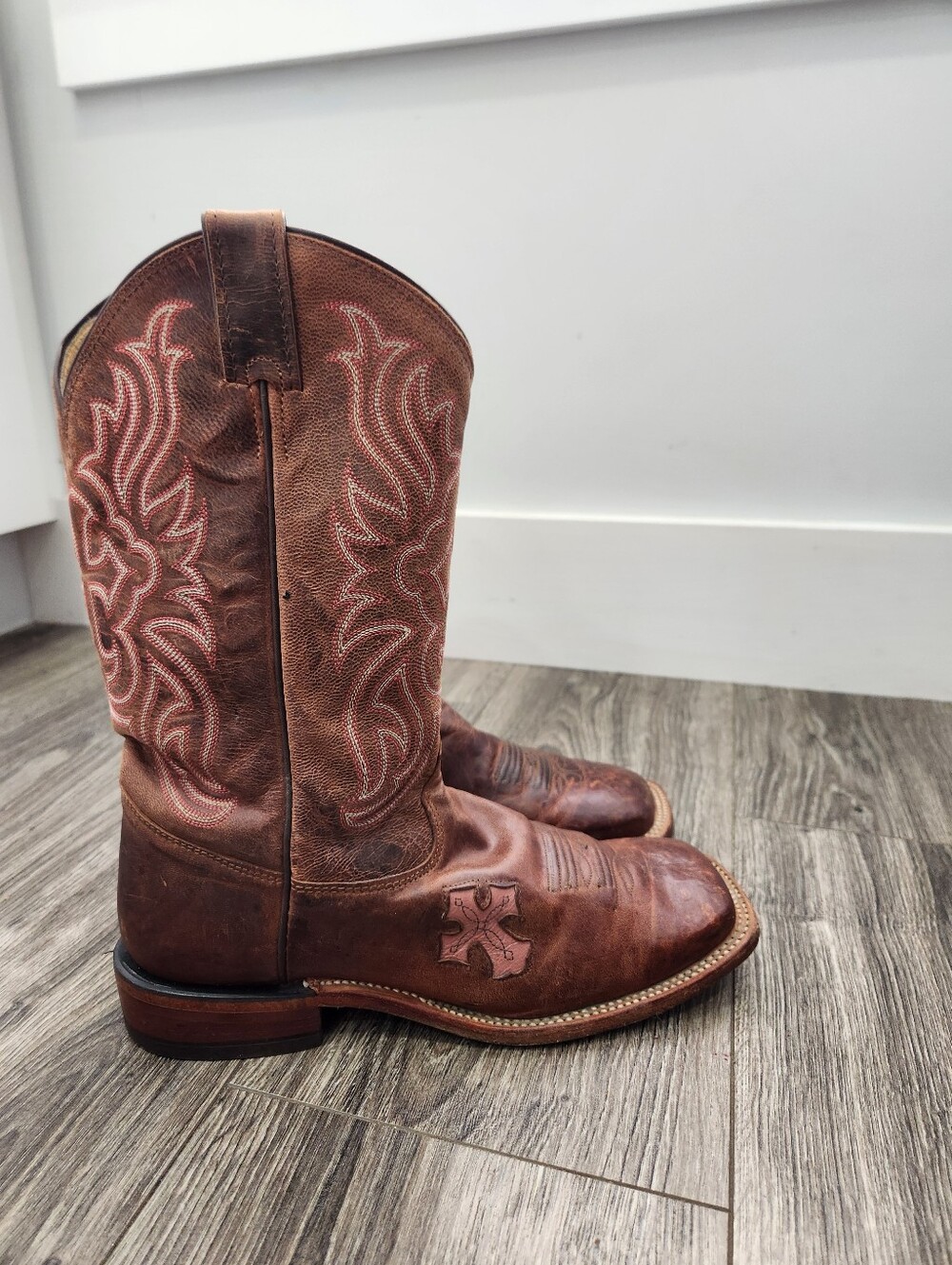 Tony Lama Womens 9B Square Toe Western Cowboy Boots Pink Cross Brown Leather
